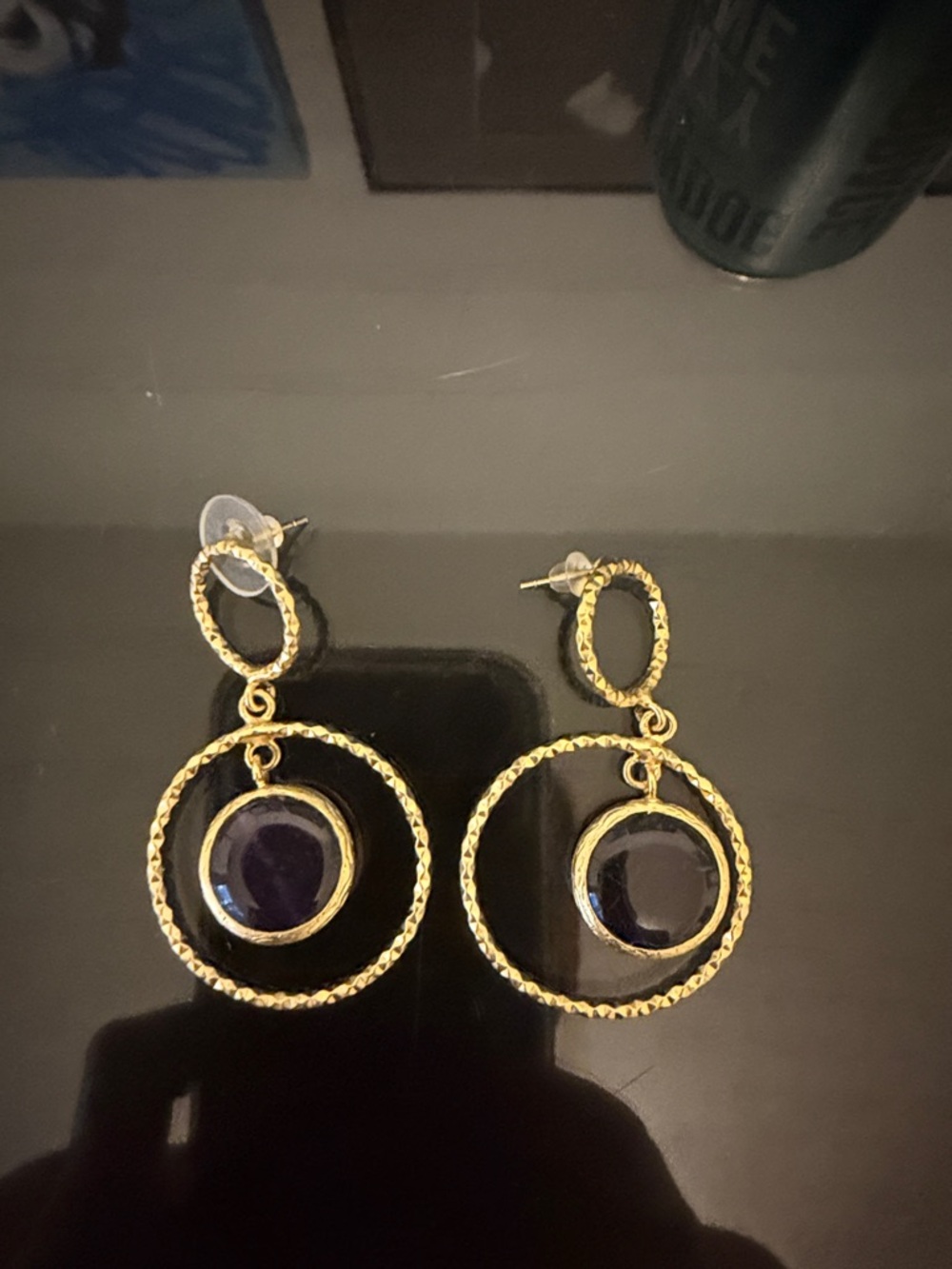 Gold-Tone Double Hoop Earrings with Dark Purple Stone
